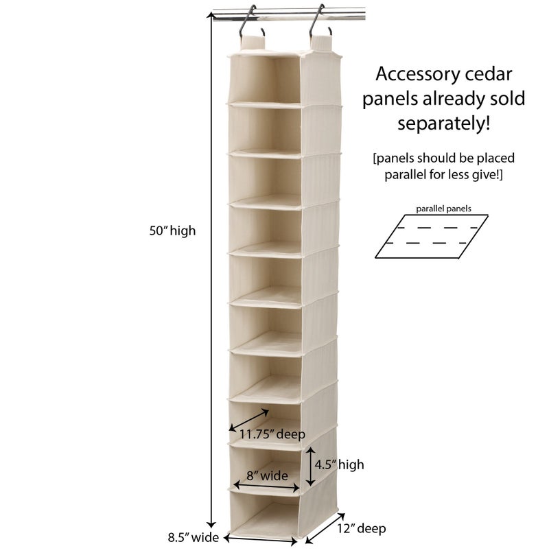 Household Essentials Hanging Shoe Organizer, 10 Wide Cubbies with Cedarline Pockets, Heavy-Duty Cotton Canvas, Removable and Industrial Hooks, Natural - Image 2